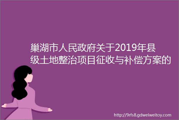 巢湖市人民政府关于2019年县级土地整治项目征收与补偿方案的批复